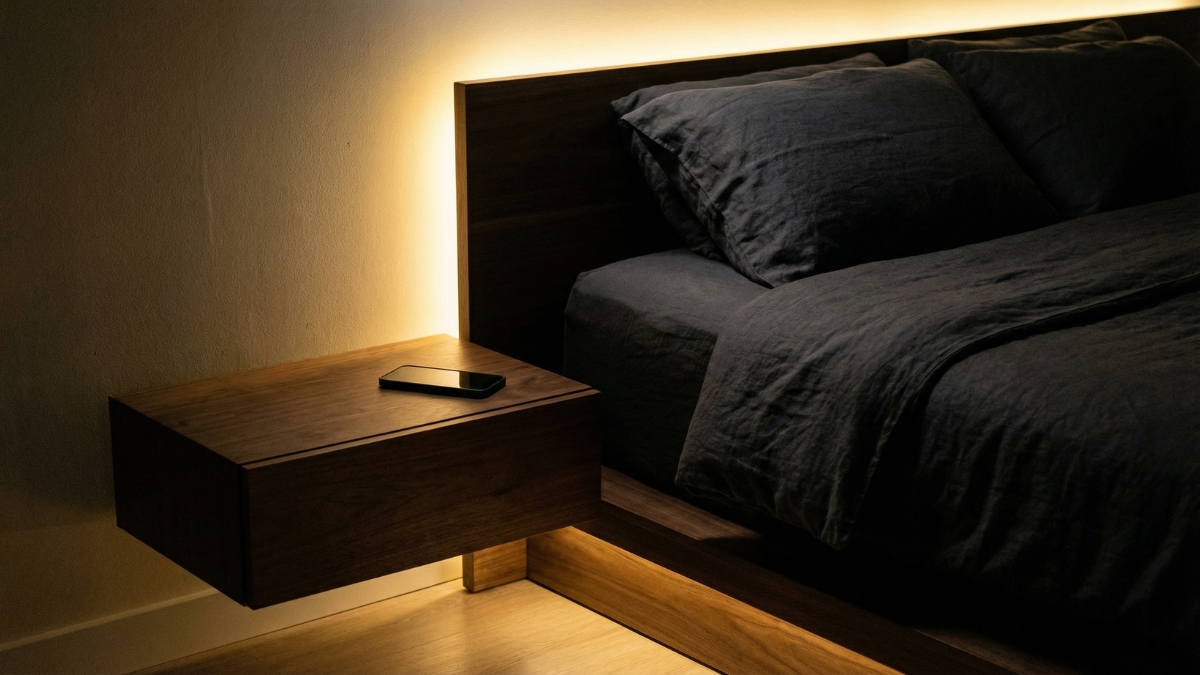 Odložený mobil obrazovkou dolů vedle postele